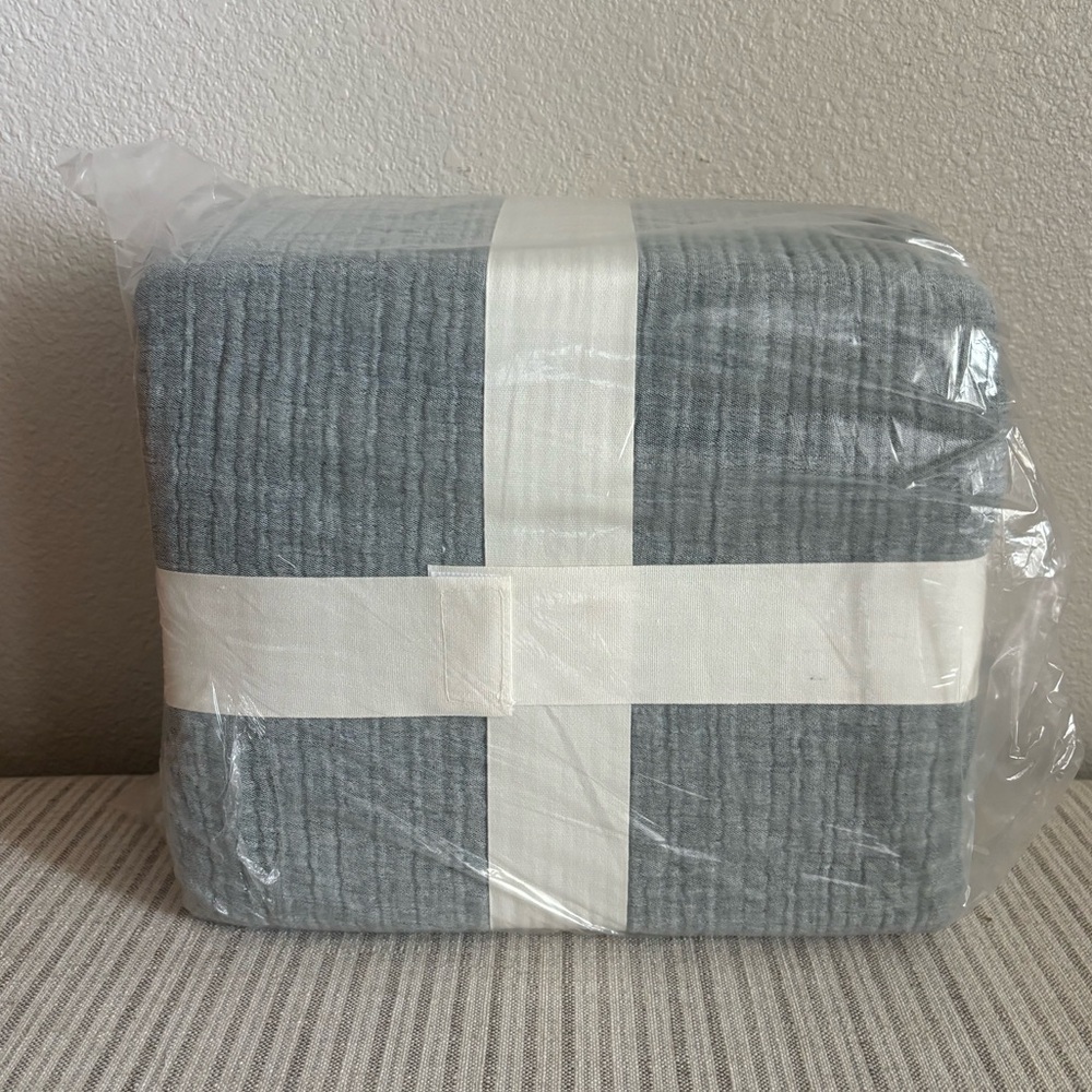 NWT King Textured Chambray Cotton Duvet Cover & Sham Set Dark Teal Blue
